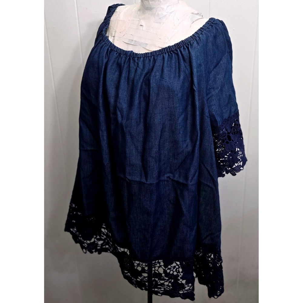 Unique Spectrum 3X Denim Tunic Top Lace‎ Trim Off Shoulder Plus Size Boho Chic
